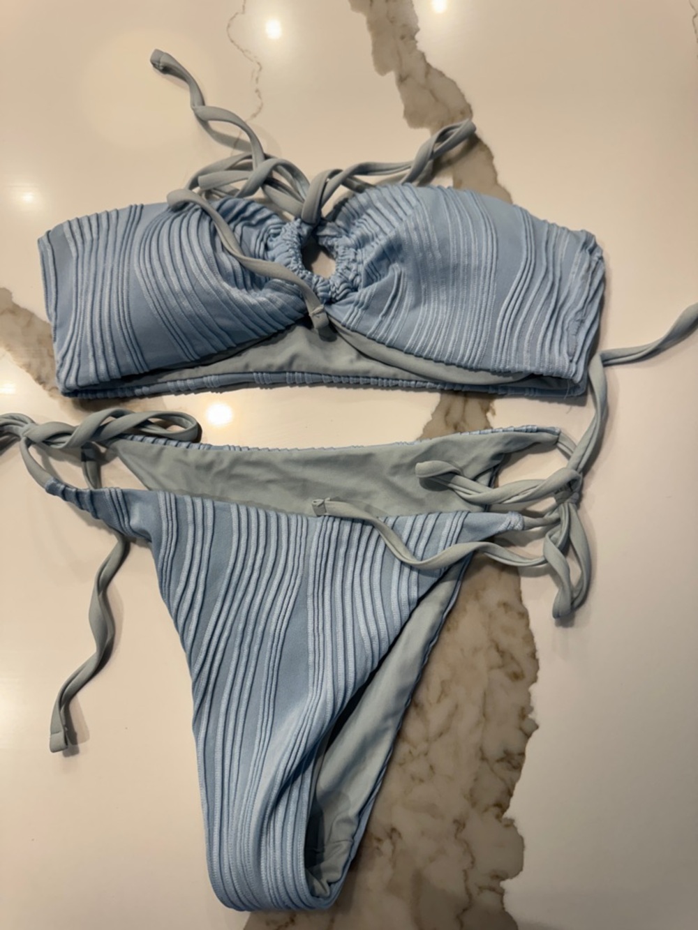 Zara Pale Blue Ribbed Tie-Side Bikini